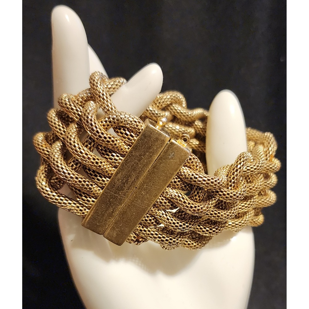 VTG Gold Tone Woven Mesh Magnetic Cuff Bracelet Wide Chunky Chain Statement